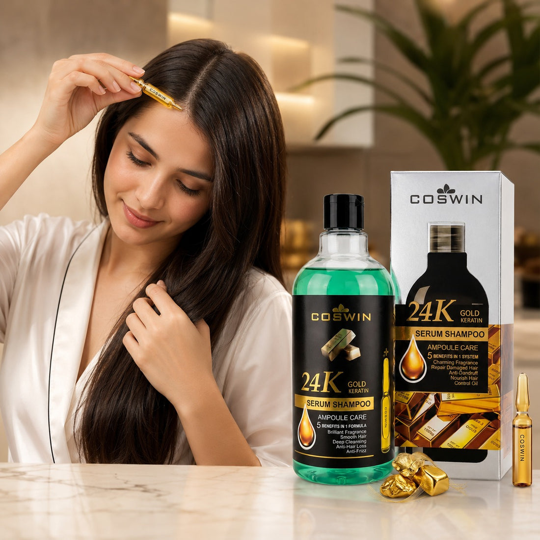 COSWIN 24K Gold Keratin Serum Shampoo – Ampoule Care Hair Repair & Anti-Frizz Formula